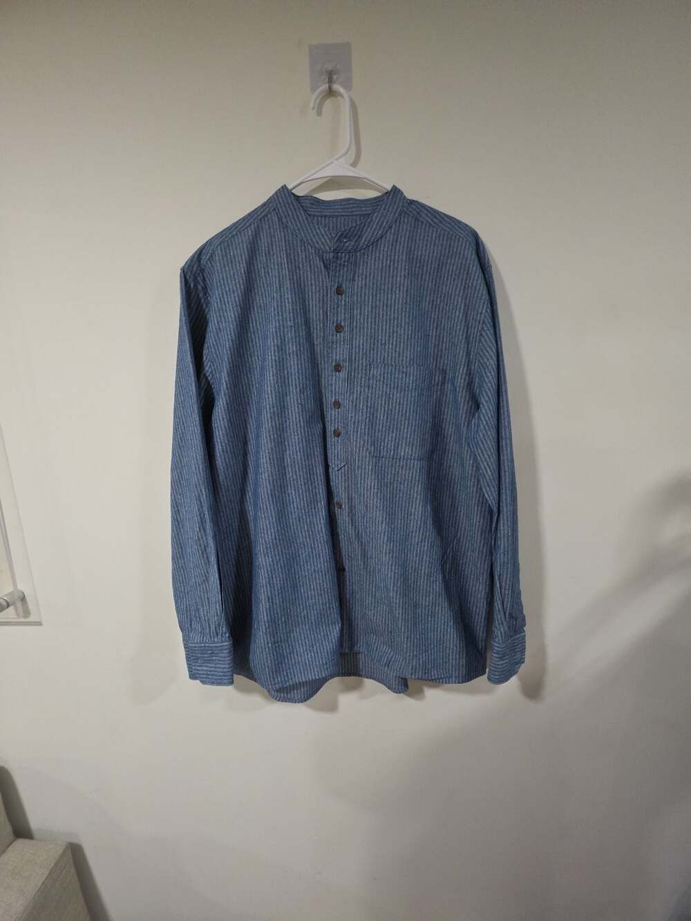 Lee Valley Ireland Men's Cotton Grandfather Shirt Blue and White Striped